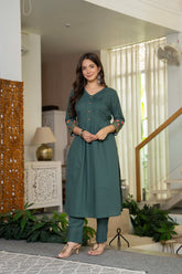 Olive Green Cotton Embroidery Kurta Set